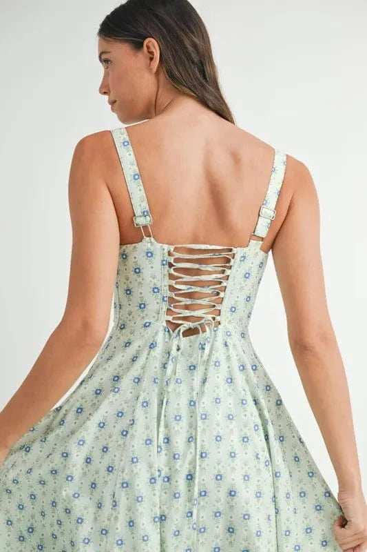 MABLE Floral Print Bustier Back Lace Up Midi Dress - Trendsi - Flyclothing LLC