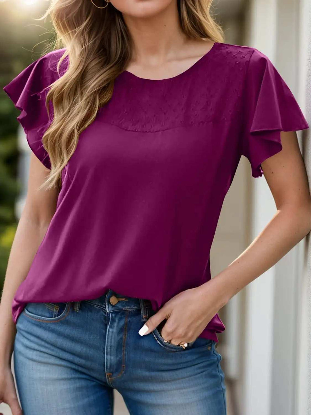 Full Size Ruffled Round Neck Short Sleeve Blouse - Trendsi - Flyclothing LLC