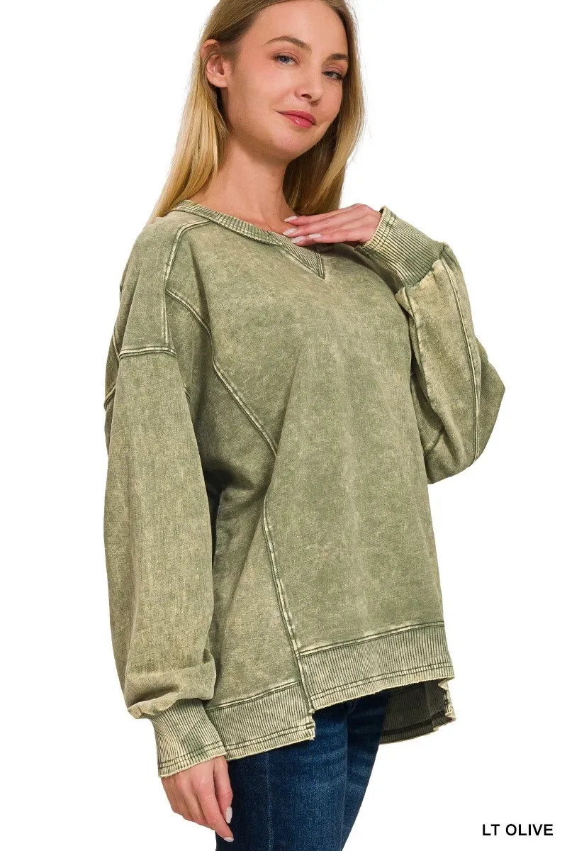 Zenana French Terry Acid Wash Pullover - Trendsi - Flyclothing LLC