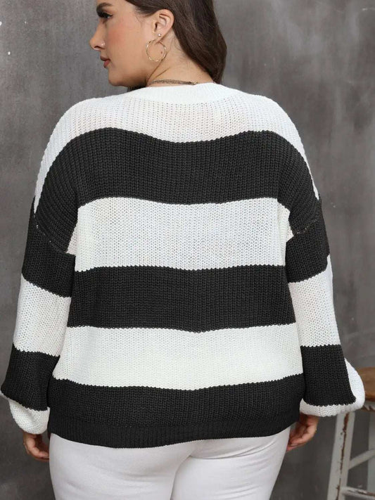 Plus Size Striped Round Neck Long Sleeve Sweater - Trendsi - Flyclothing LLC