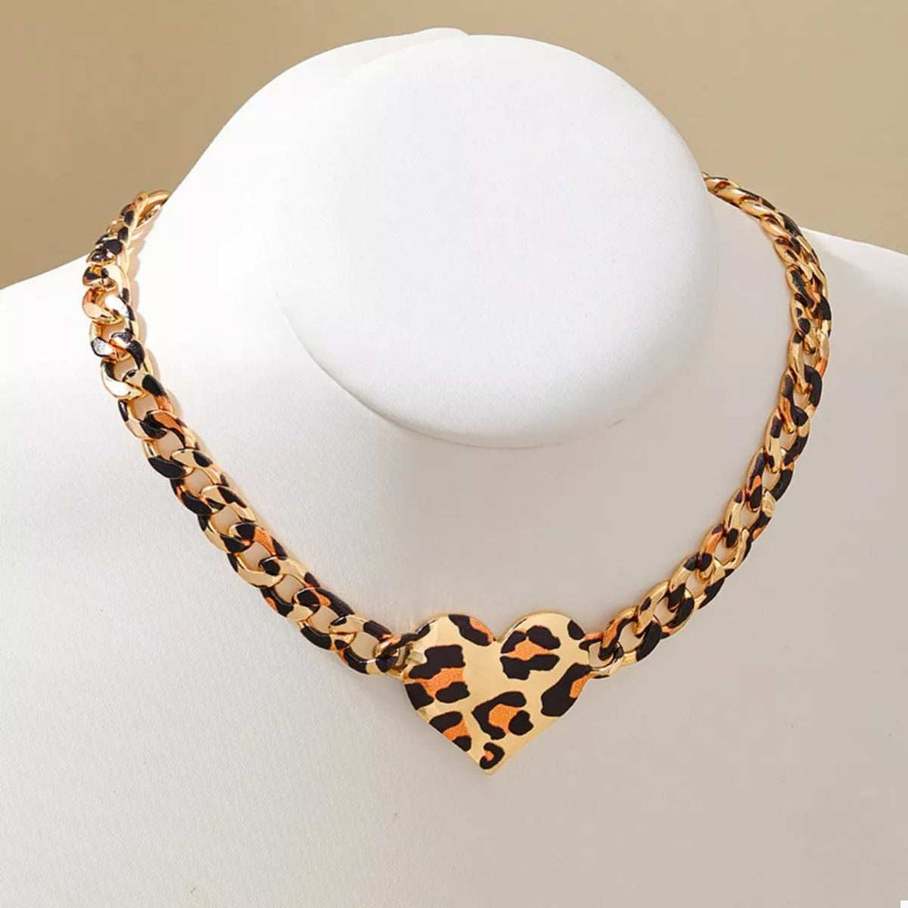 Leopard Heart Chain Necklace - Trendsi - Flyclothing LLC