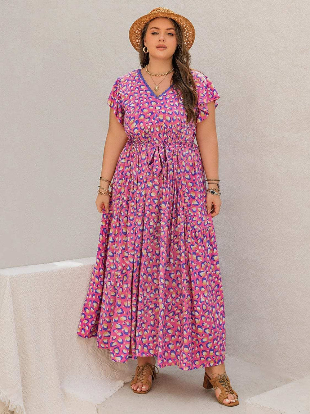 Plus Size Printed V-Neck Flutter Sleeve Tie Waist Maxi Dress - Trendsi - Flyclothing LLC
