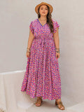 Plus Size Printed V-Neck Flutter Sleeve Tie Waist Maxi Dress - Trendsi - Flyclothing LLC