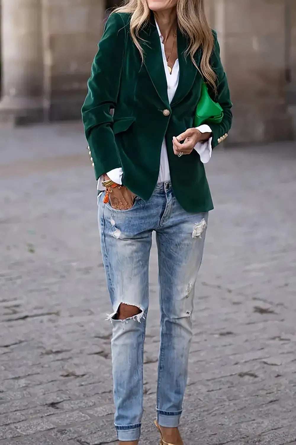 One Button Lapel Collar Long Sleeve Blazer - Trendsi - Flyclothing LLC