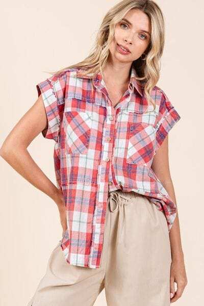 Mittoshop Mineral Wash Plaid Button Down Shirt - Trendsi - Flyclothing LLC