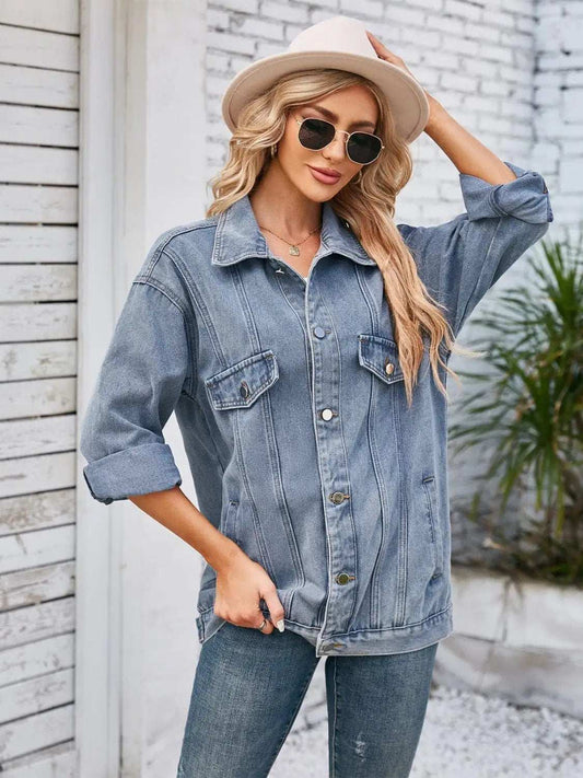 Button Up Long Sleeve Denim Jacket - Trendsi - Flyclothing LLC