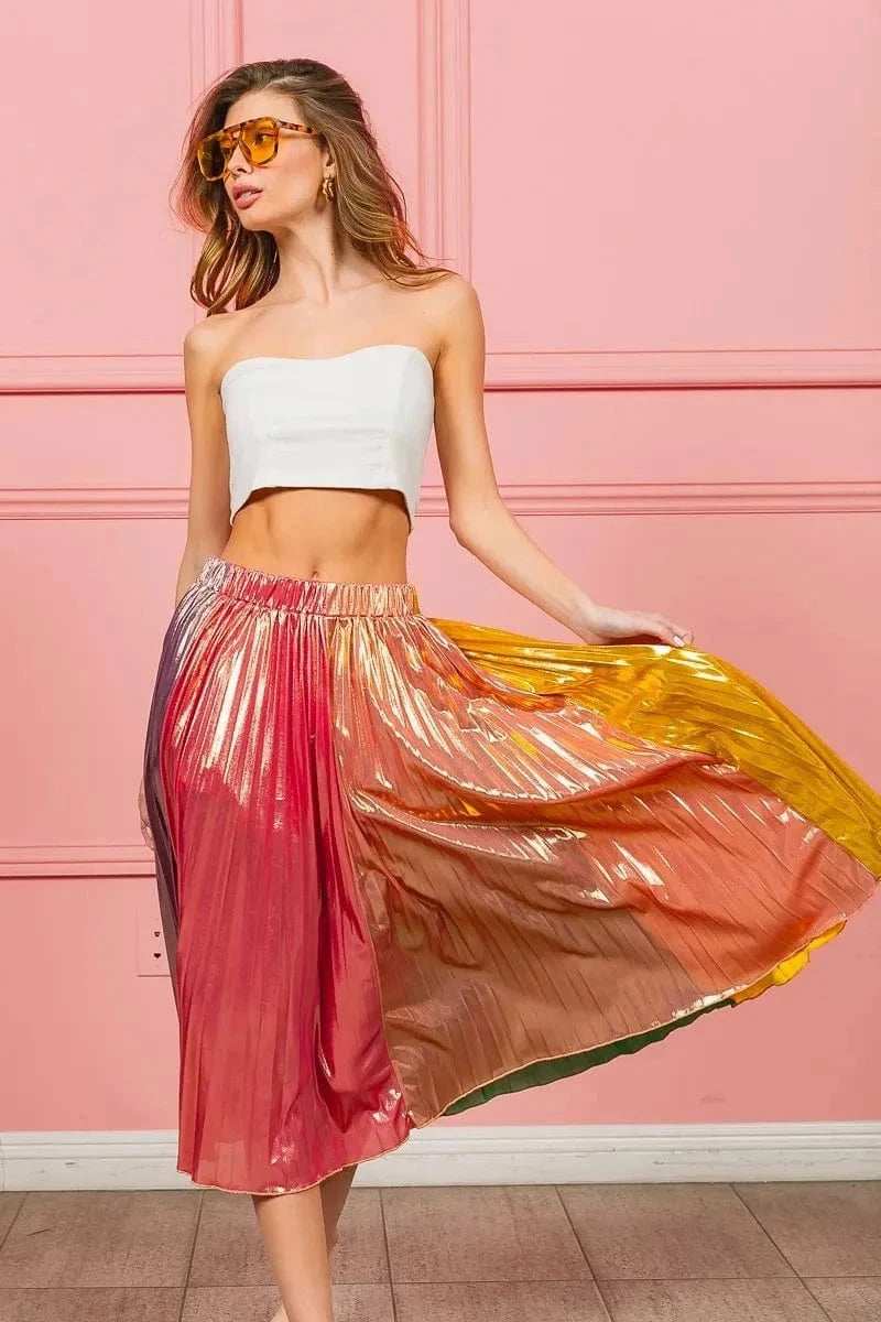 BiBi Metallic Color Block Pleats Midi Skirt - Trendsi - Flyclothing LLC
