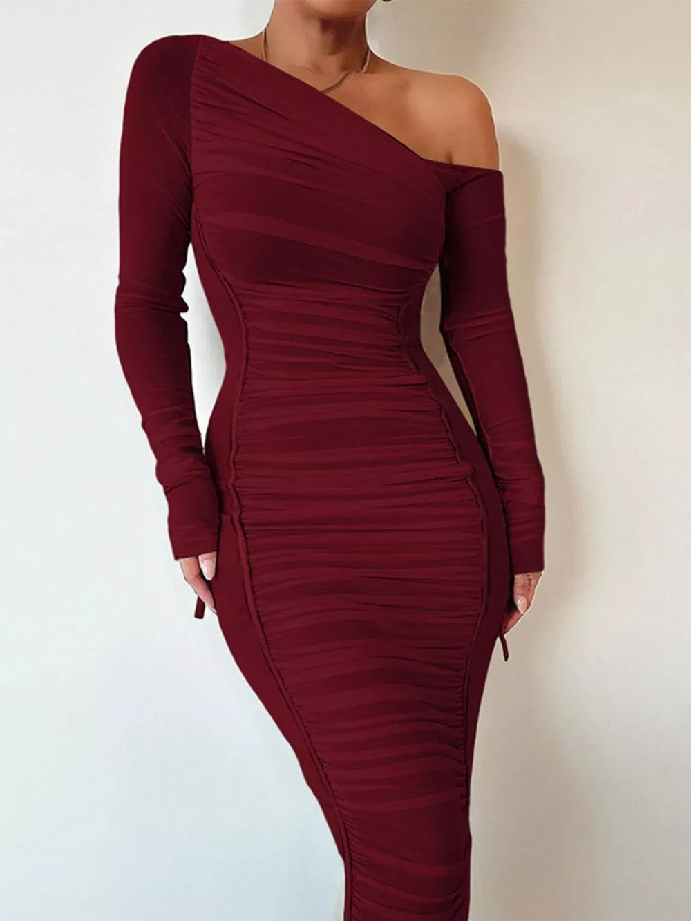 One-Shoulder Ruched Bodycon Midi Dress - Trendsi - Flyclothing LLC