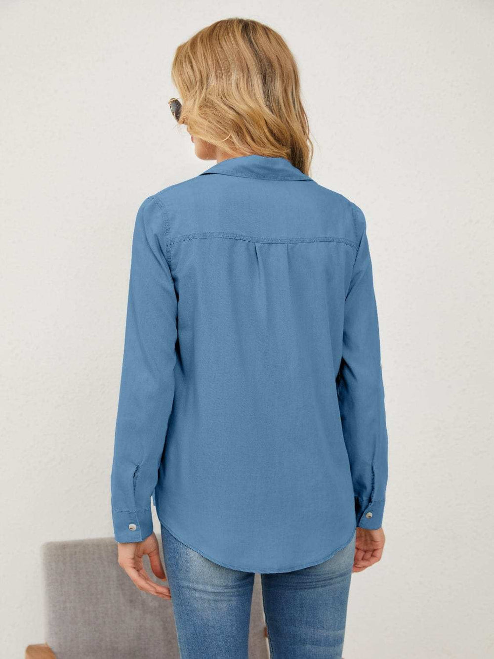 Pocketed Button Up Long Sleeve Denim Shirt - Trendsi - Flyclothing LLC