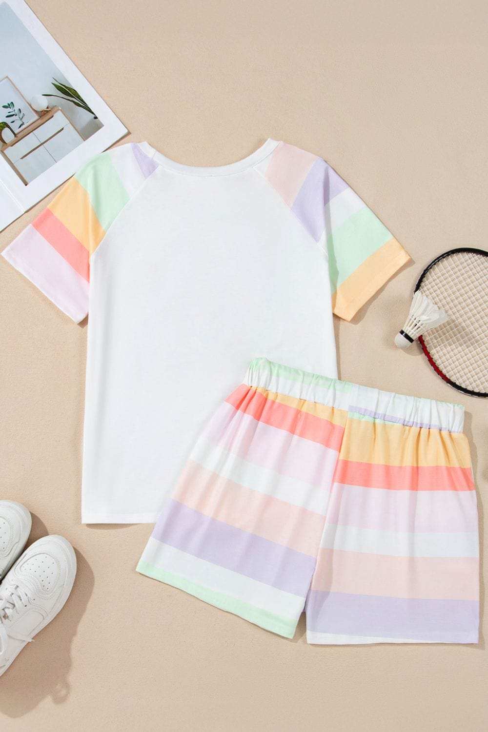 Rainbow Striped Round Neck T Shirt and Shorts Lounge Set - Trendsi - Flyclothing LLC