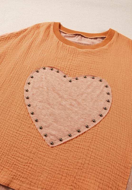 Stud Heart Patch Round Neck Short Sleeve T-Shirt - Trendsi - Flyclothing LLC
