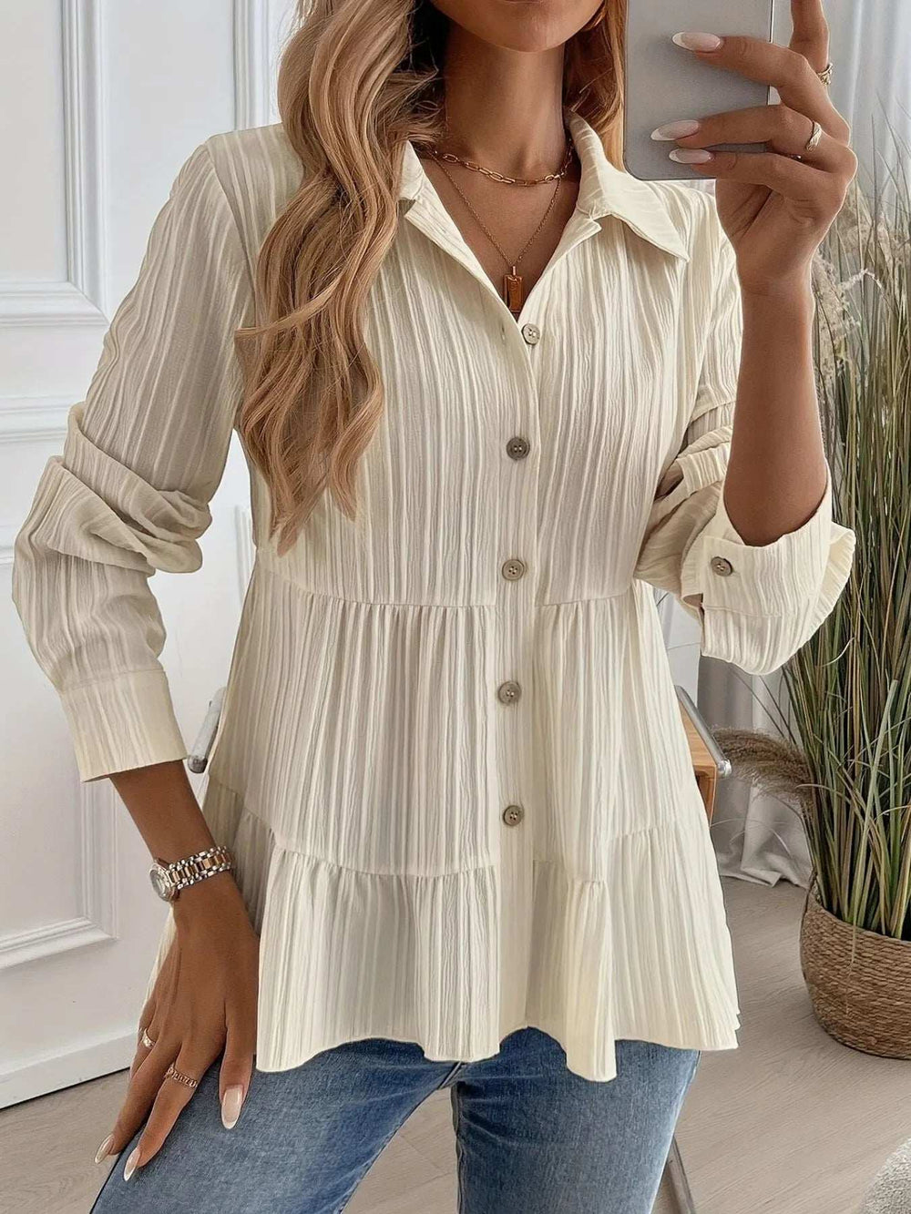 Striped Button-Down Tiered Shirt - Trendsi - Flyclothing LLC