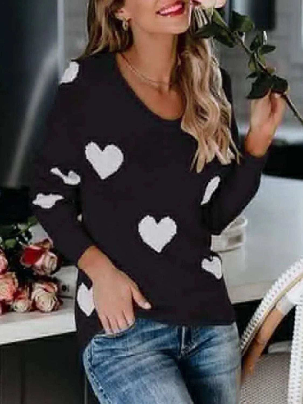 Heart Scoop Neck Long Sleeve Sweater - Trendsi - Flyclothing LLC