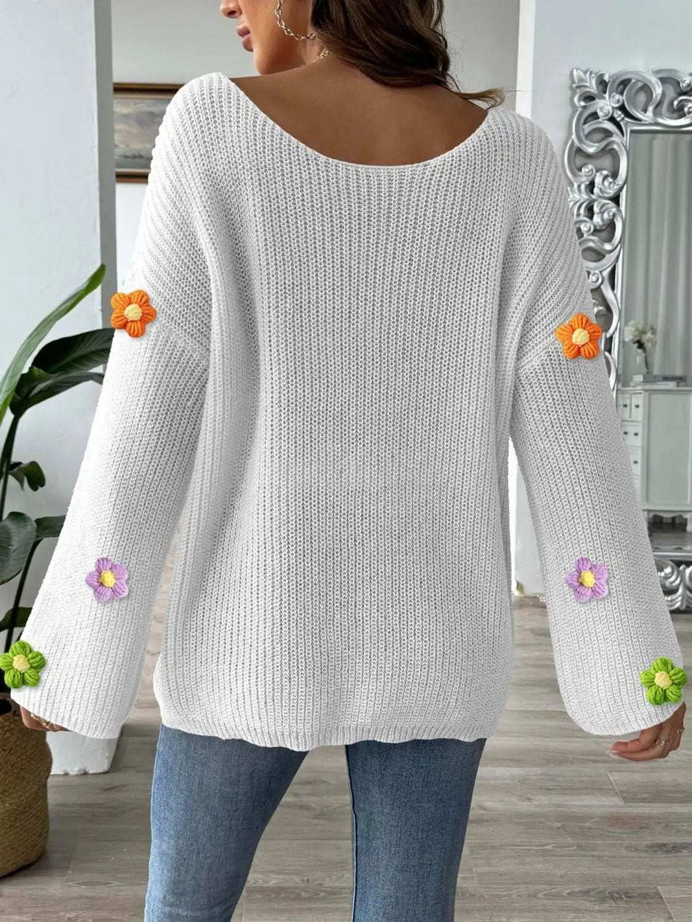 Flower Round Neck Long Sleeve Sweater - Trendsi - Flyclothing LLC