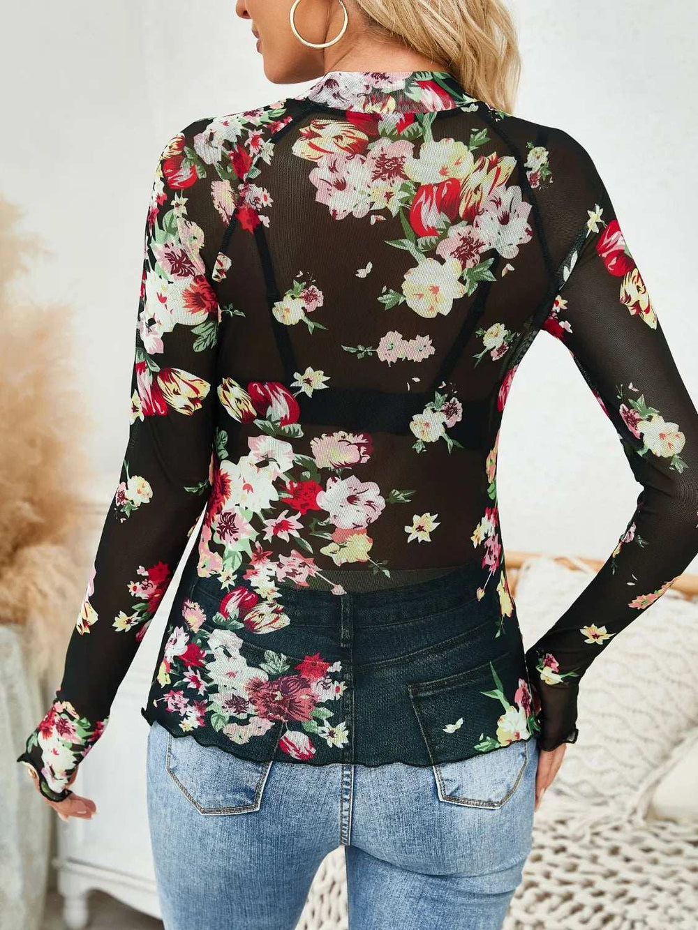 Floral Mock Neck Long Sleeve Top - Trendsi - Flyclothing LLC