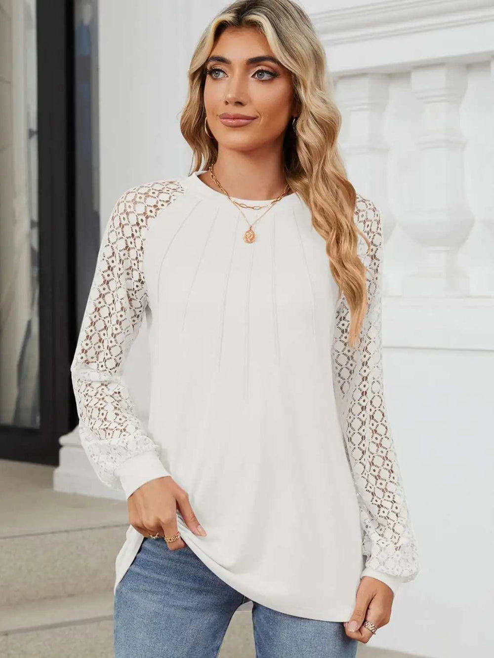 Round Neck Lace Long Sleeve Top - Trendsi - Flyclothing LLC