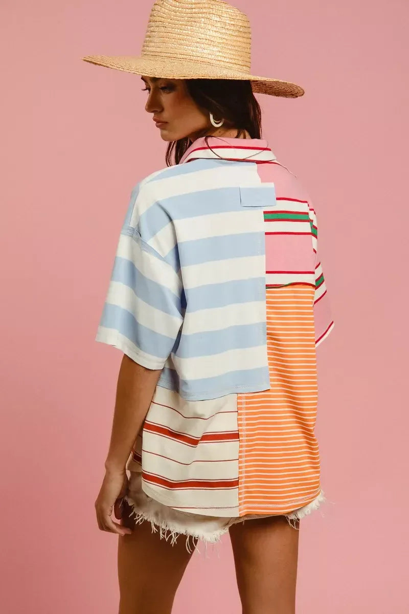 BiBi Mix And Match Stripe Color Block Shirt - Trendsi - Flyclothing LLC