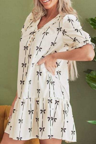Frill Bow Print Notched Short Sleeve Mini Dress - Trendsi - Flyclothing LLC