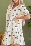 Frill Bow Print Notched Short Sleeve Mini Dress - Trendsi - Flyclothing LLC