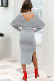 Surplice Neck Bow Waist Slit Sweater Dress - Trendsi - Flyclothing LLC