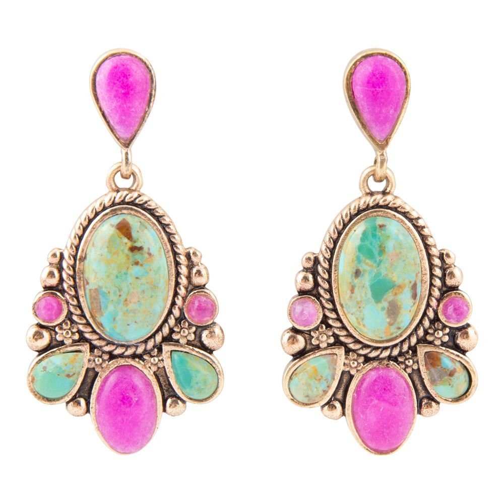 Barcelona Blue Turquoise and Pink Agate Golden Drop Earrings - Barse Jewelry - Flyclothing LLC