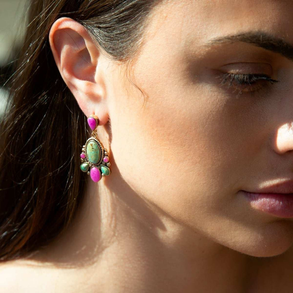 Barcelona Blue Turquoise and Pink Agate Golden Drop Earrings - Barse Jewelry - Flyclothing LLC
