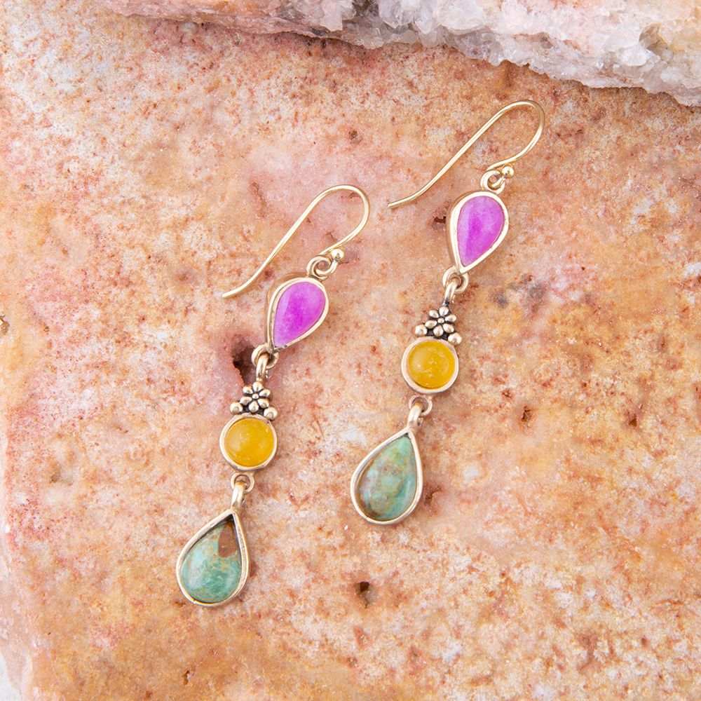 Barcelona Multistone Linear Golden Drop Earrings - Barse Jewelry - Flyclothing LLC