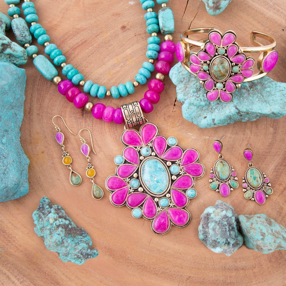 Barcelona Pink Agate and Blue Turquoise Statement Cuff Bracelet - Barse Jewelry - Flyclothing LLC