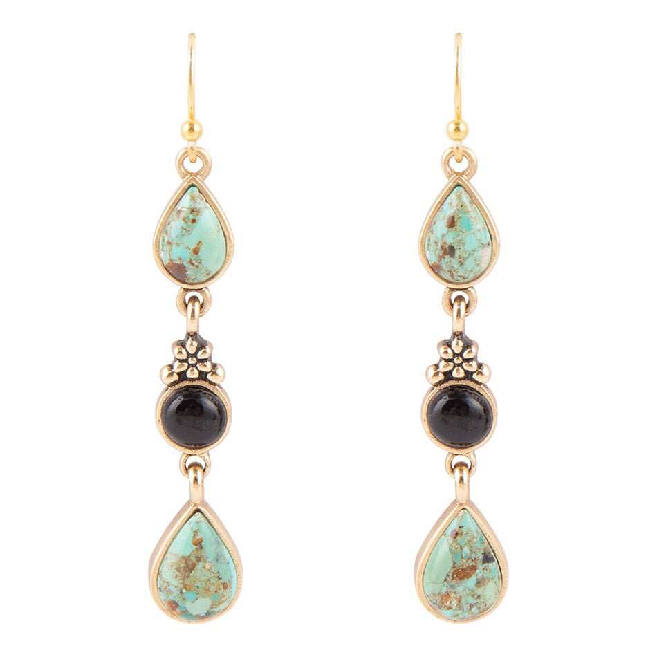 Barcelona Blue Turquoise and Black Onyx Linear Drop Golden Earrings - Barse Jewelry - Flyclothing LLC