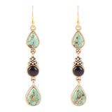 Barcelona Blue Turquoise and Black Onyx Linear Drop Golden Earrings - Barse Jewelry - Flyclothing LLC