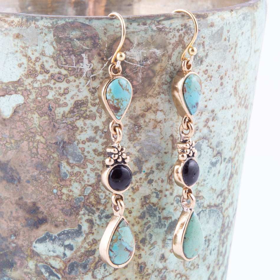 Barcelona Blue Turquoise and Black Onyx Linear Drop Golden Earrings - Barse Jewelry - Flyclothing LLC
