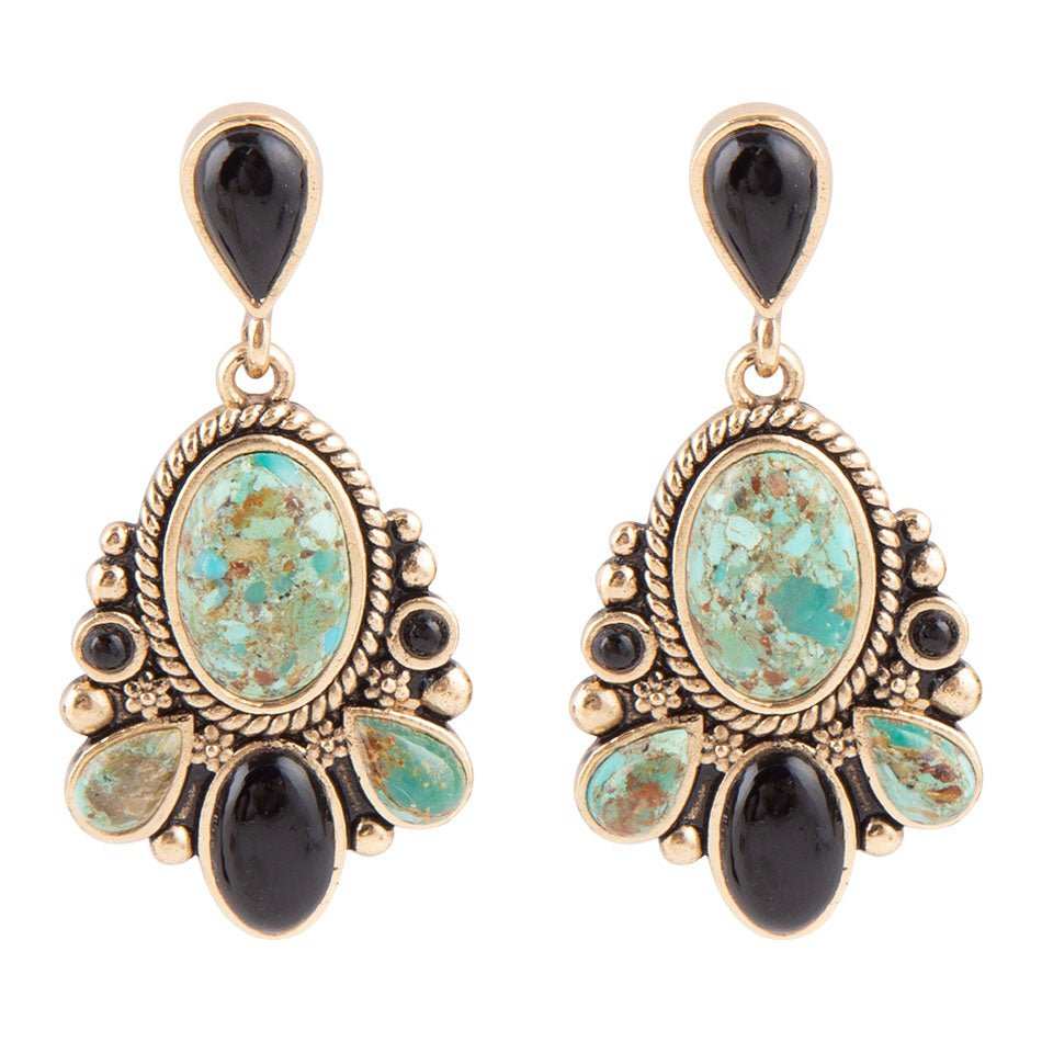 Barcelona Blue Turquoise and Black Onyx Post Drop Golden Earrings - Barse Jewelry - Flyclothing LLC