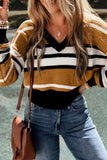 Contrast Stripes V Neck Long Sleeve Sweater - Trendsi - Flyclothing LLC