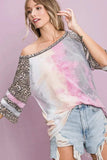 BiBi Tiedye French Terry with Leopard Sleeve Top - Trendsi - Flyclothing LLC