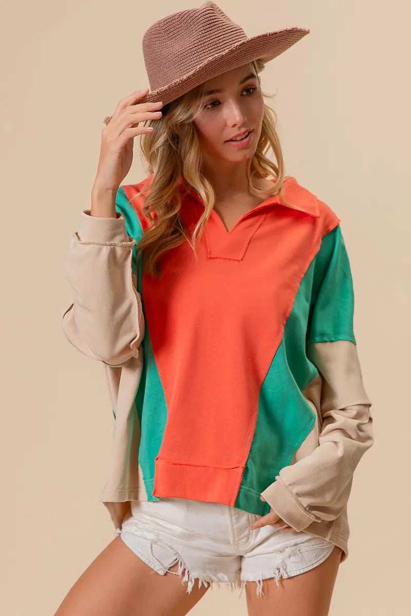 BiBi Colorblock Exposed Seam French Terry Sweatshirt - Trendsi - Flyclothing LLC