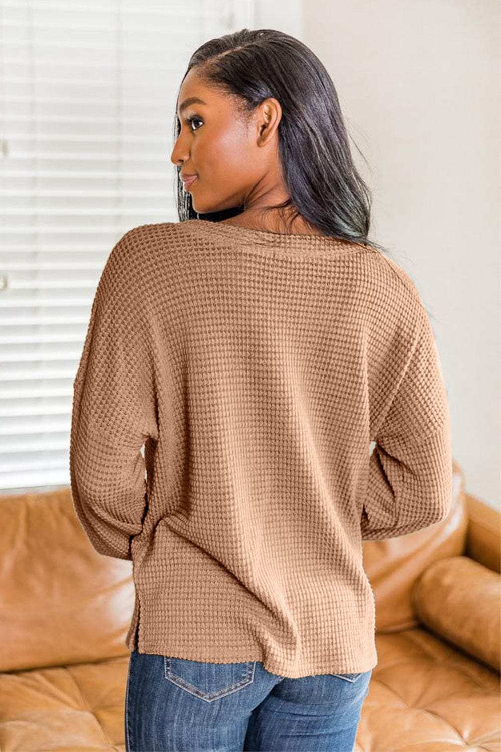 Slit Waffle Knit Long Sleeve T-Shirt - Trendsi - Flyclothing LLC