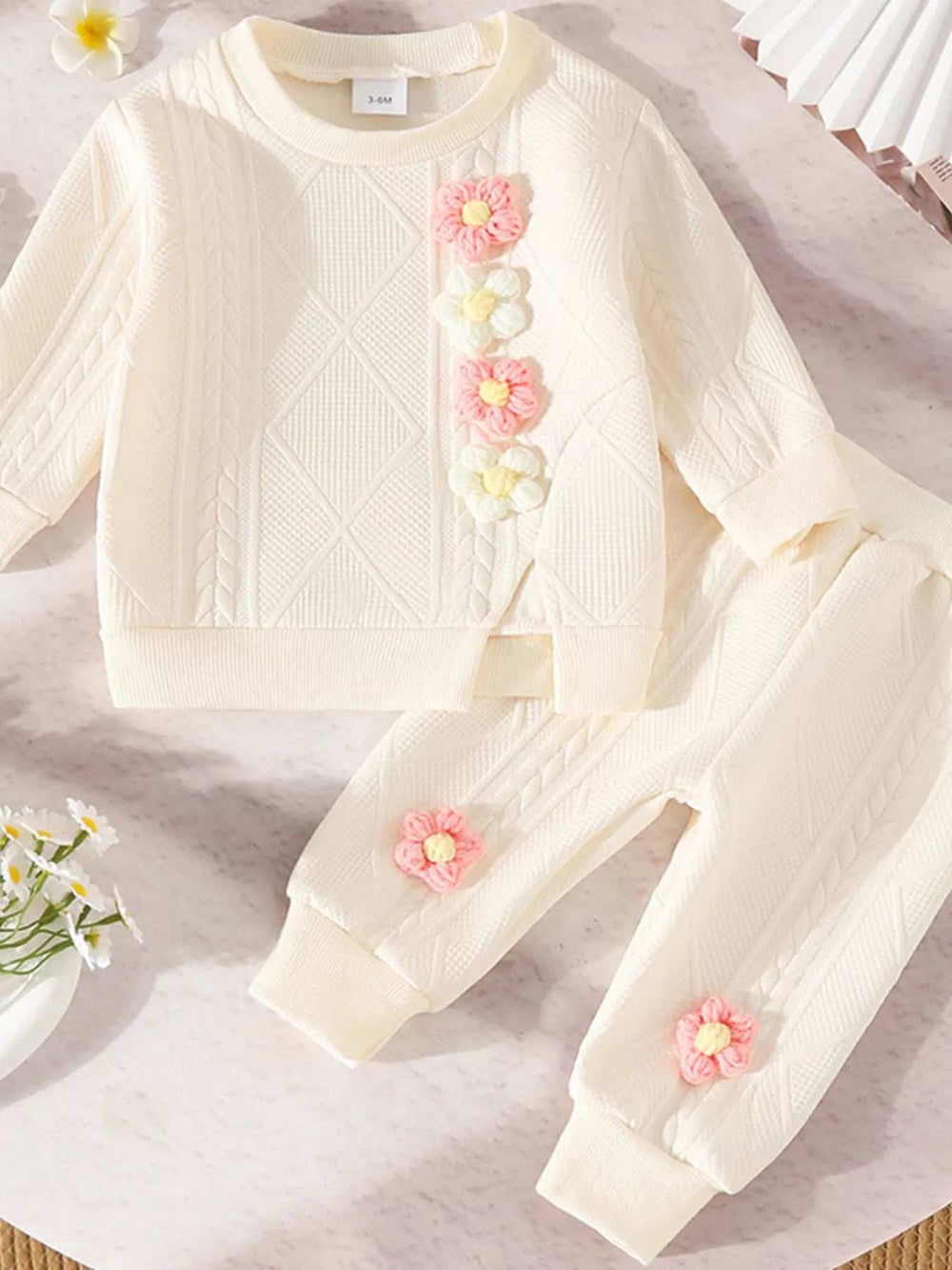 Children's Flower Textured Top and Pants Set - Trendsi - Flyclothing LLC