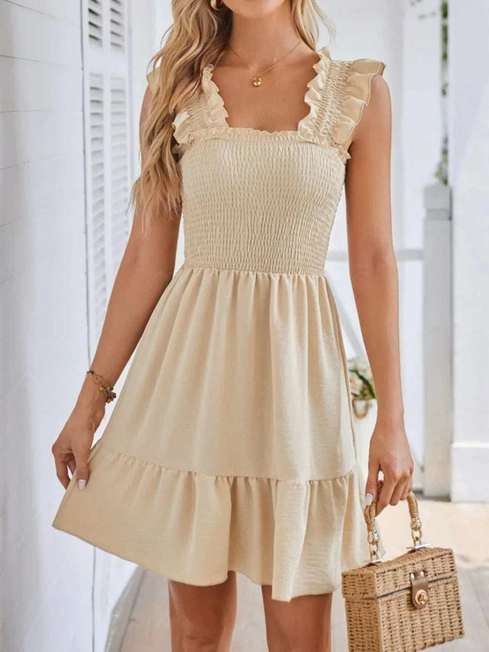 Smocked Square Neck Wide Strap Dress - Trendsi - Flyclothing LLC