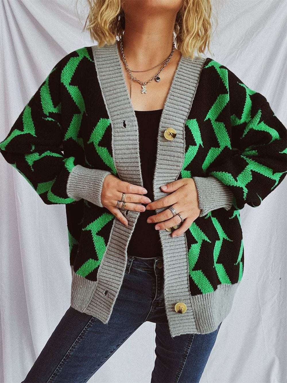 Contrast Trim Geometric V-Neck Long Sleeve Cardigan - Trendsi - Flyclothing LLC