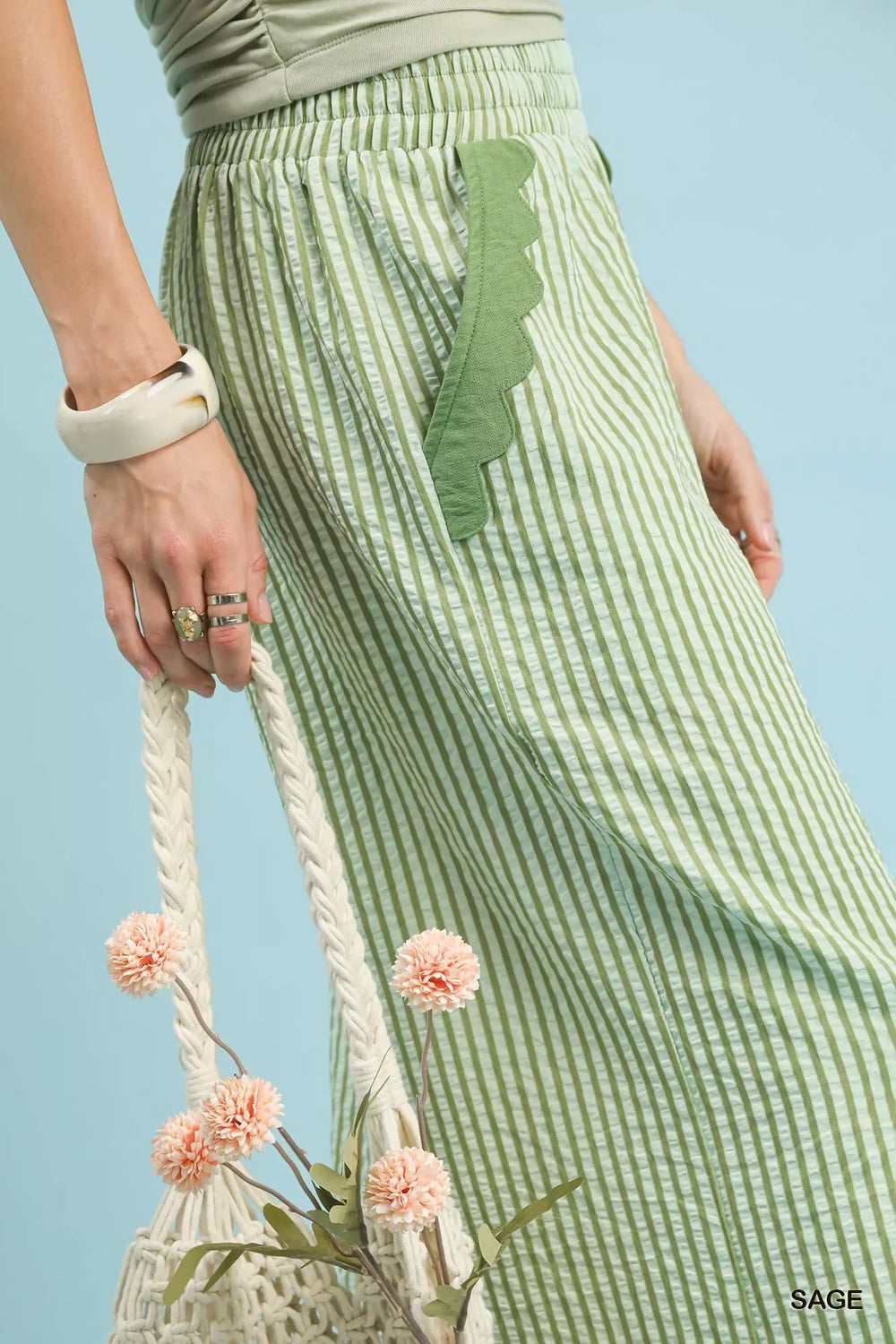 Umgee Stripe Scallop Hem Wide Leg Pants - Trendsi - Flyclothing LLC