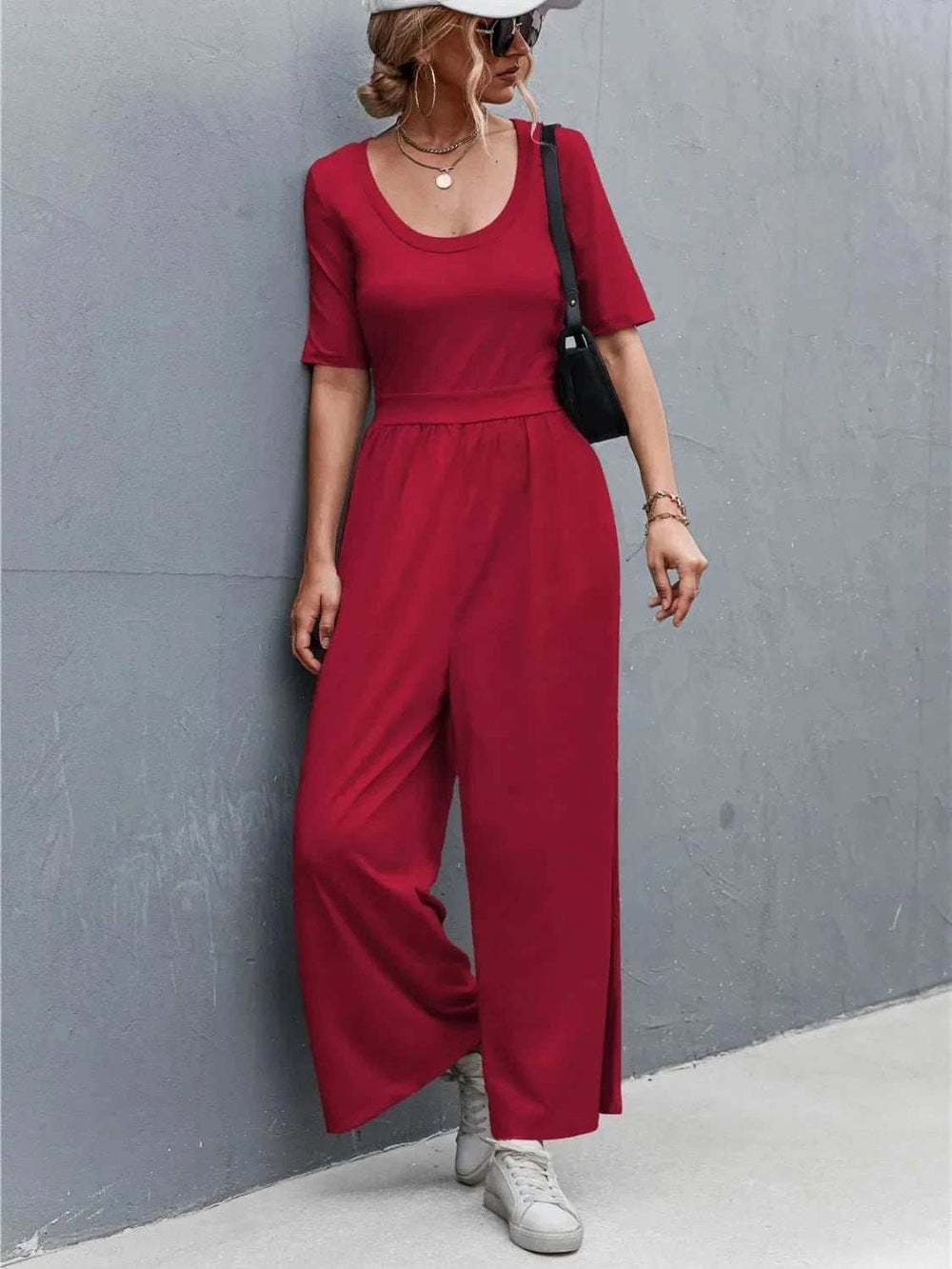 Scoop Neck Short Sleeve Jumpsuit - Trendsi - Flyclothing LLC