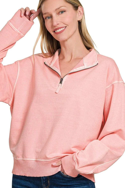 Zenana F/terry Pigment Dye & Enzyme Washing Half Zip Top - Trendsi - Flyclothing LLC