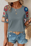 Geometric Round Neck Short Sleeve Blouse - Trendsi - Flyclothing LLC