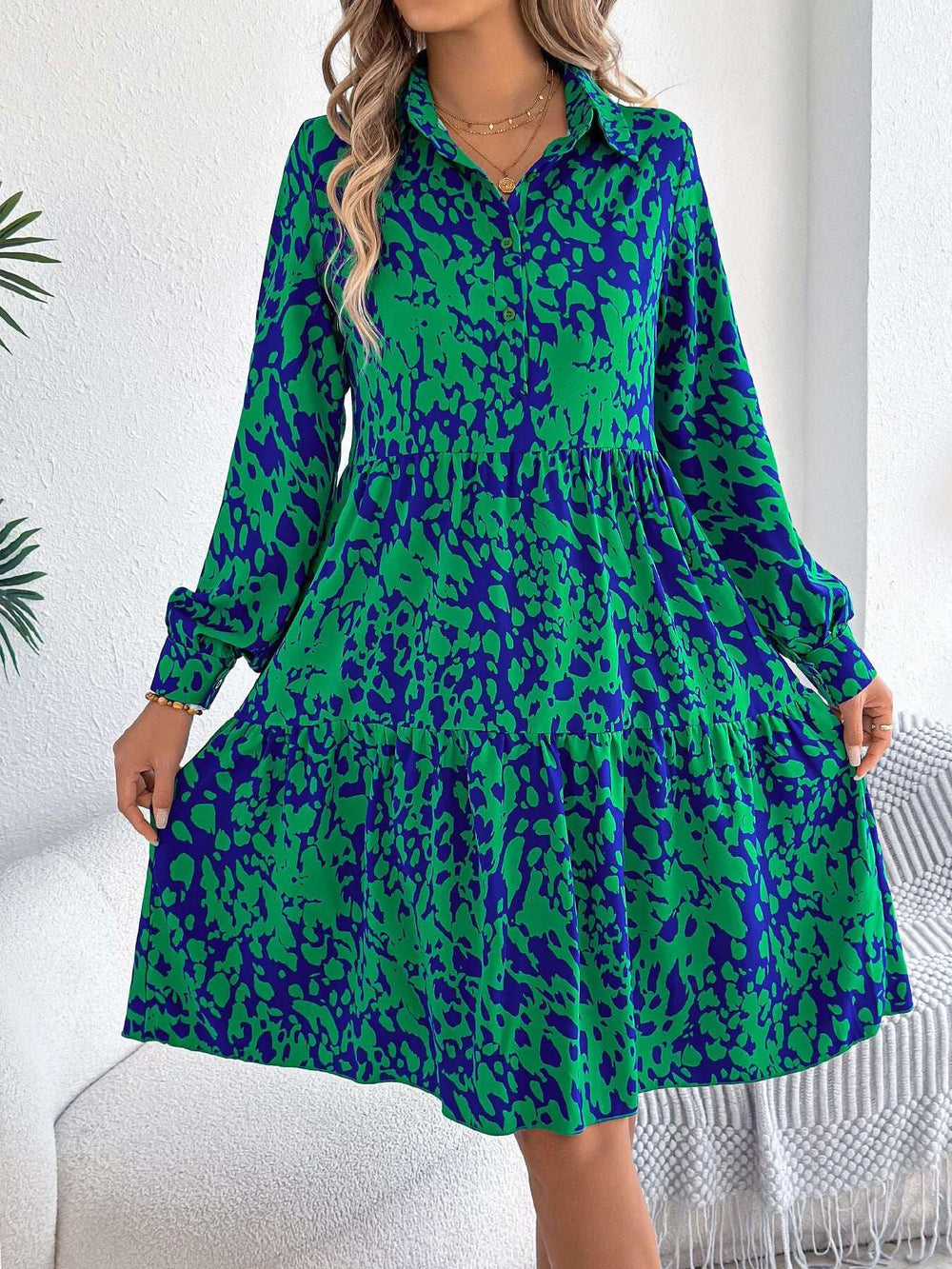 Printed Collared Neck Long Sleeve Dress - Trendsi - Flyclothing LLC