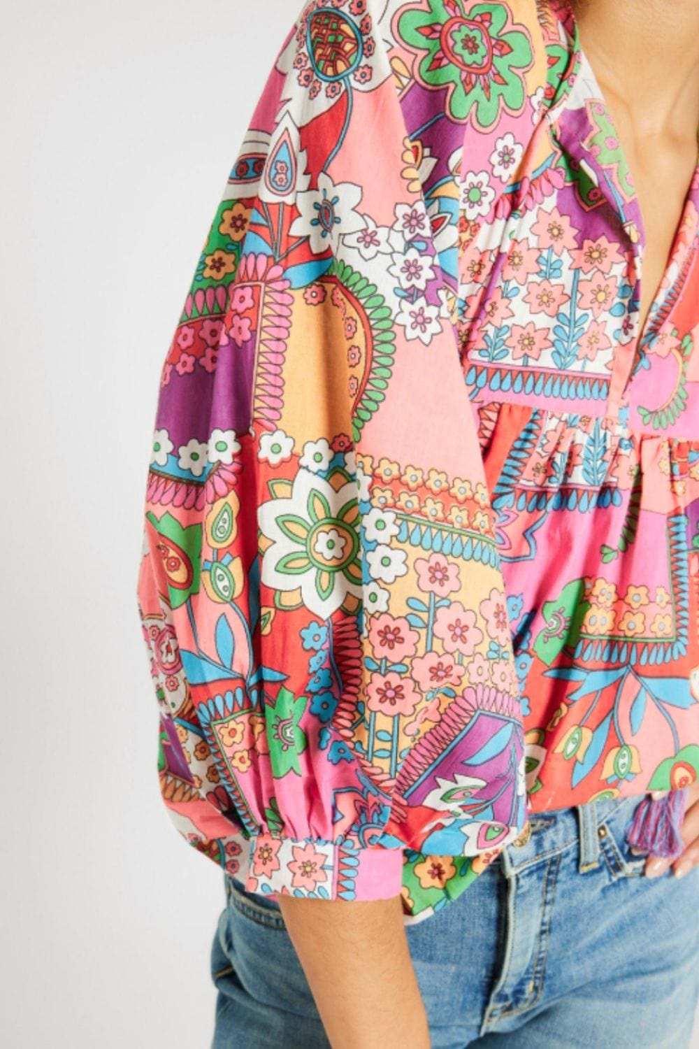 Printed Tie Neck Three-Quarter Sleeve Blouse - Trendsi - Flyclothing LLC