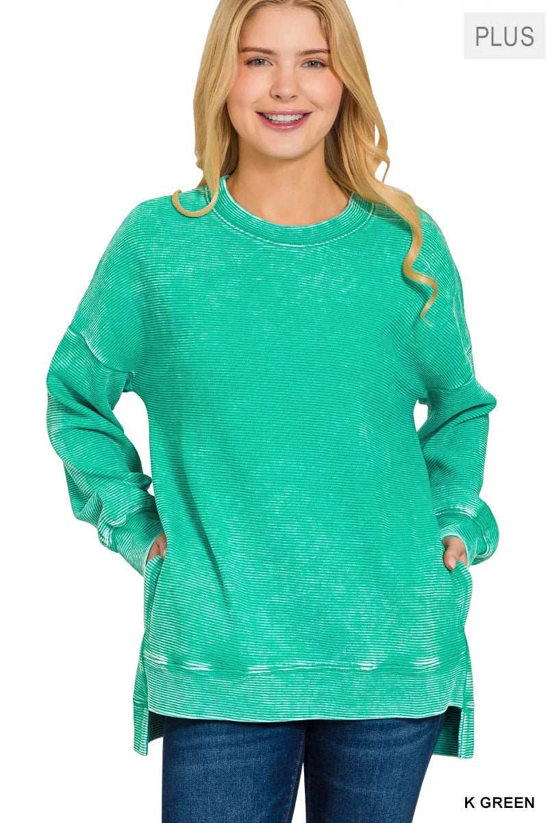 Zenana Full Size Acid Washed Double Ribbed Hi-low Sweatshirt Plus Size - Trendsi - Flyclothing LLC