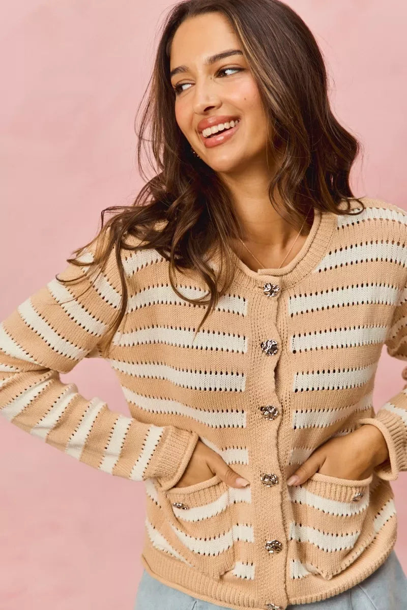 SO ME Stripe Long Sleeves Button Sweater Cardigan - Trendsi - Flyclothing LLC