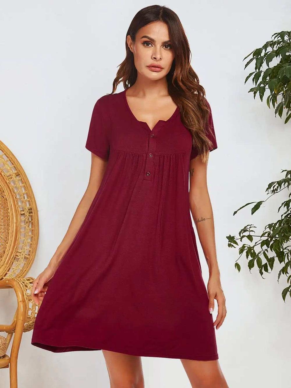 Notched Short Sleeve Mini Lounge Dress - Trendsi - Flyclothing LLC