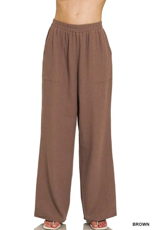 Zenana Double Gauze Elastic Band Pants - Trendsi - Flyclothing LLC