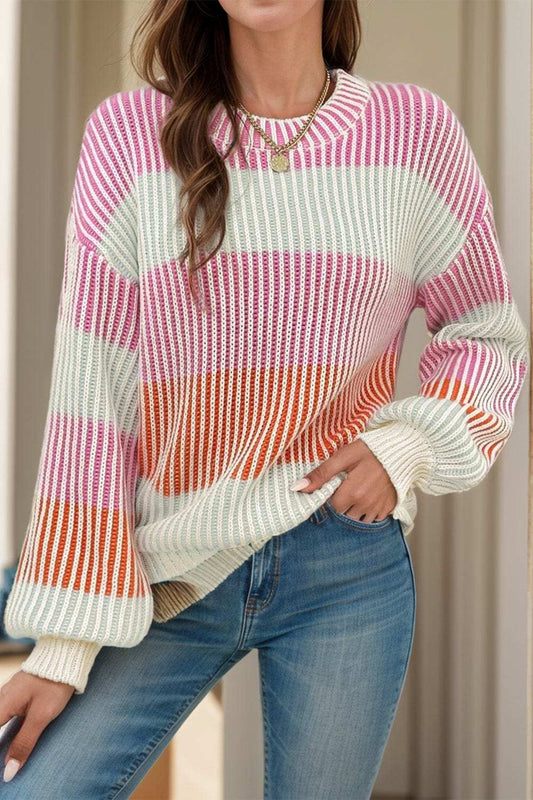 Striped Color Block Round Neck Long Sleeve Sweater - Trendsi - Flyclothing LLC